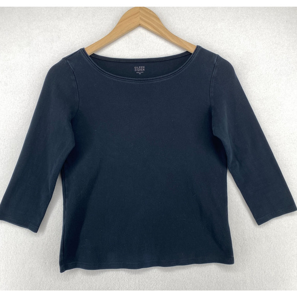 EILEEN FISHER Top XS Cotton Interlock Jersey Round Neck 3/4 Sleeve Black - Picture 1 of 10